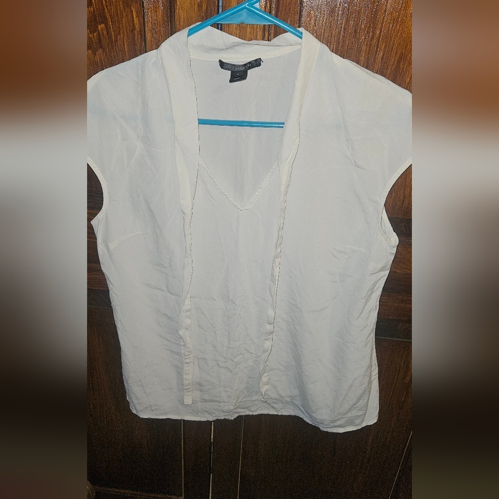 St. John Tie Neck Women's Blouse Sz 8 Ivory Silk Spandex Blend Casual Summer